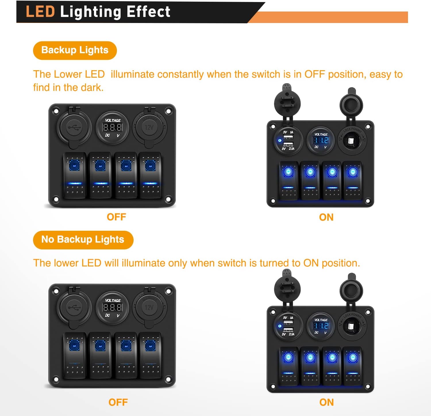 Waywe 4 Gang Rocker Switch Panel with USB Charger Voltmeter and Cigar Lighter 12V 24V Toggle Switch ON Off Rocker Switch Blue for Cars Rvs Trucks