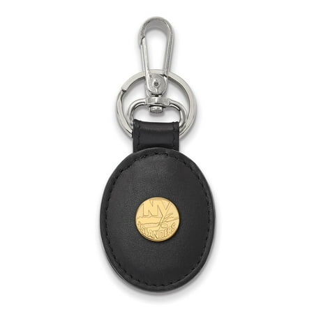 Islanders Nhl Leather - Solid 925 Sterling Silver with Gold-Toned NHL New York Islanders Blk Leather Key Chain
