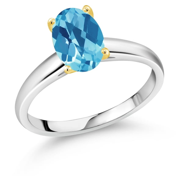 Gem Stone King 925 Silver and 10K Yellow Gold Swiss Blue Topaz Solitaire Engagement Ring for Women | 2.25 Cttw | Oval Checkerboard 9X7MM | Gemstone November Birthstone (Size 5)