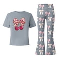 thumbnail image 5 of Girls Valentines Slightly Flared Pants Set With Bow Cherry Print Short Sleeve Slightly Flared Pants 2 Piece Sets Set Grey 11 Y-12 Y, 5 of 5