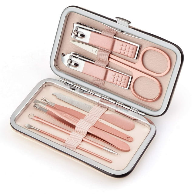 Juego de manicura, kit de pedicura profesional de acero inoxidable 8 en 1, kit de cuidado de tijeras para uñas con estuche de viaje de cuero rosa rosa