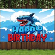 Shark Happy Birthday Backdrop Banner, Ocean Animal Happy Birthday Banner, Funny Shark Theme Party Games Photography Background Supplies for Ocean Baby Shower Birthday Party Decorations