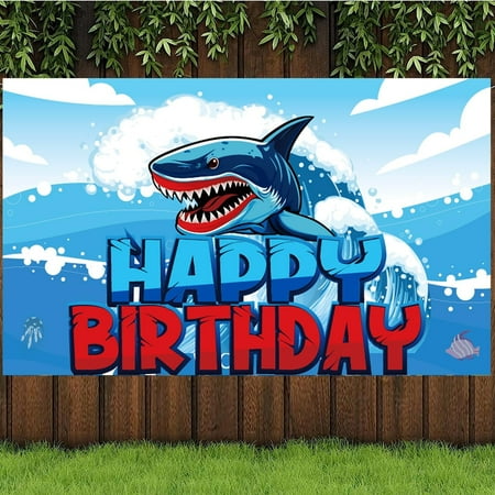 Shark Happy Birthday Backdrop Banner, Ocean Animal Happy Birthday Banner, Funny Shark Theme Party Games Photography Background Supplies for Ocean Baby Shower Birthday Party Decorations