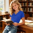thumbnail image 7 of OGLCCG Girls V Neck Ruched T-Shirts Kids Summer Short Sleeve Plain Tunic Tops Cute Fashion Solid Color Tees 4-15 Years, 7 of 7
