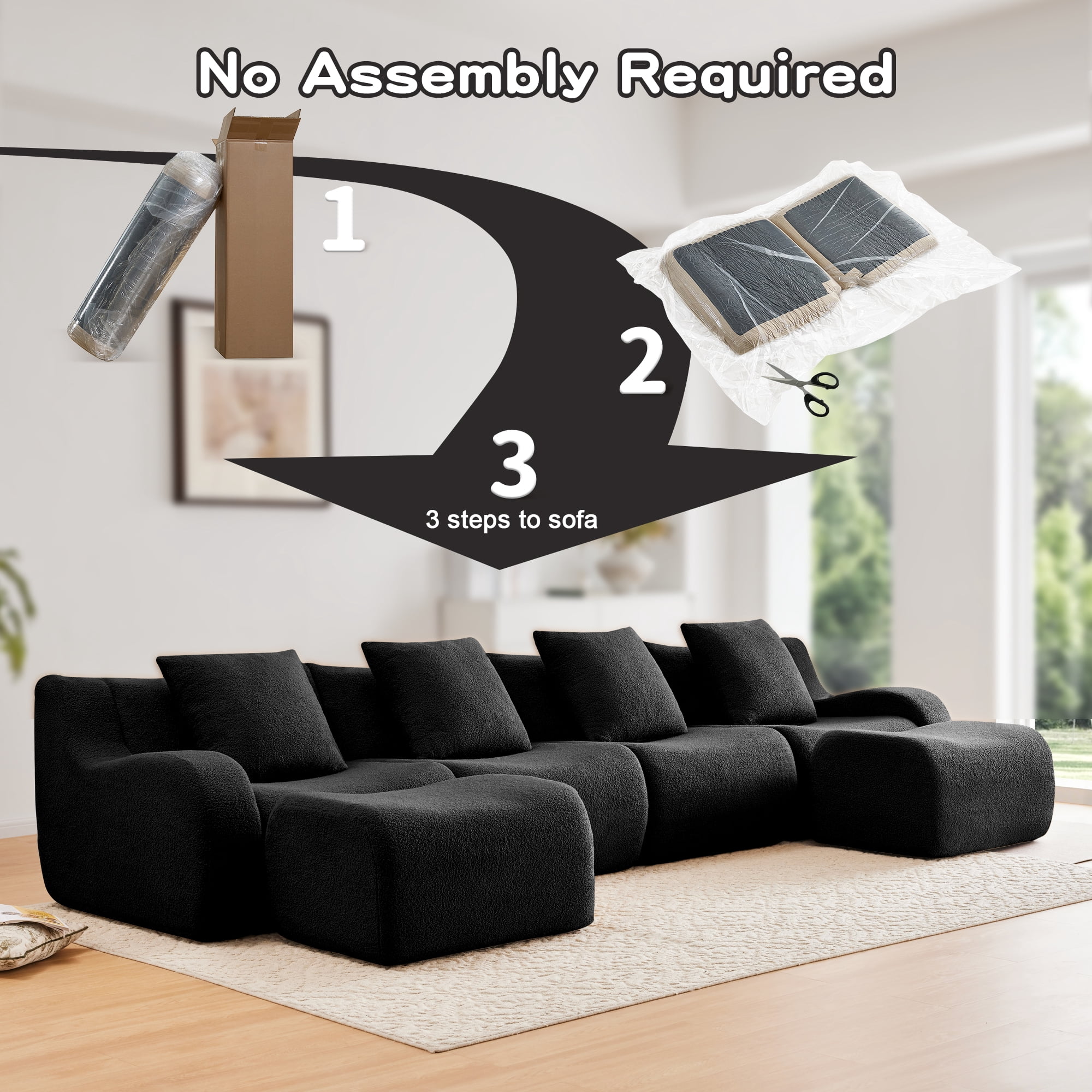 Aukfa 148" Oversized Cloud Sectional Sofa 6 Seat U shape Modular Boneless Couch for Living Room, 4 Pillows, Teddy Fleece, Black