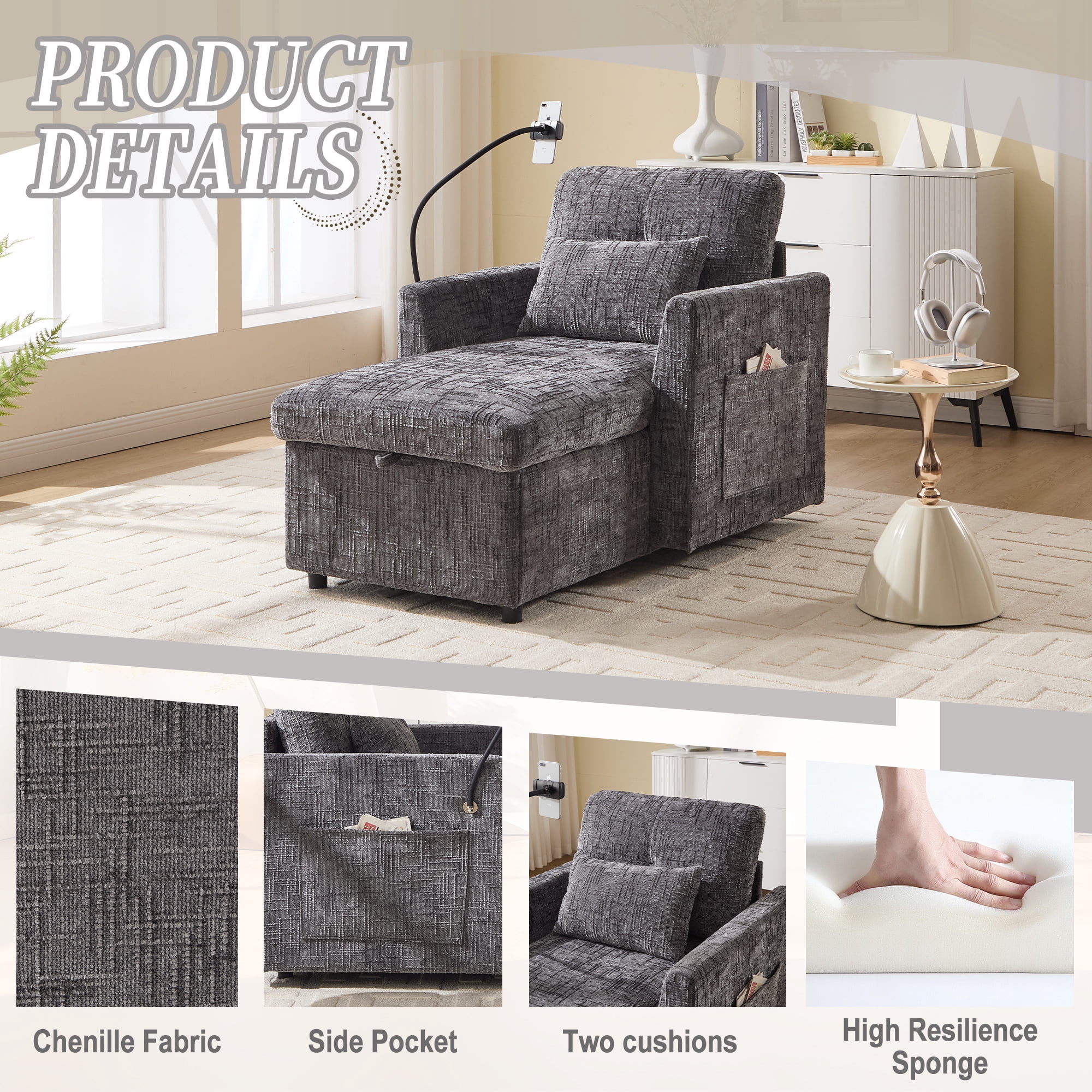 Aukfa Storage Chaise Lounge Single Sofa with Phone Holder and Pillow for Living Room Bedroom, Chenille, Gray
