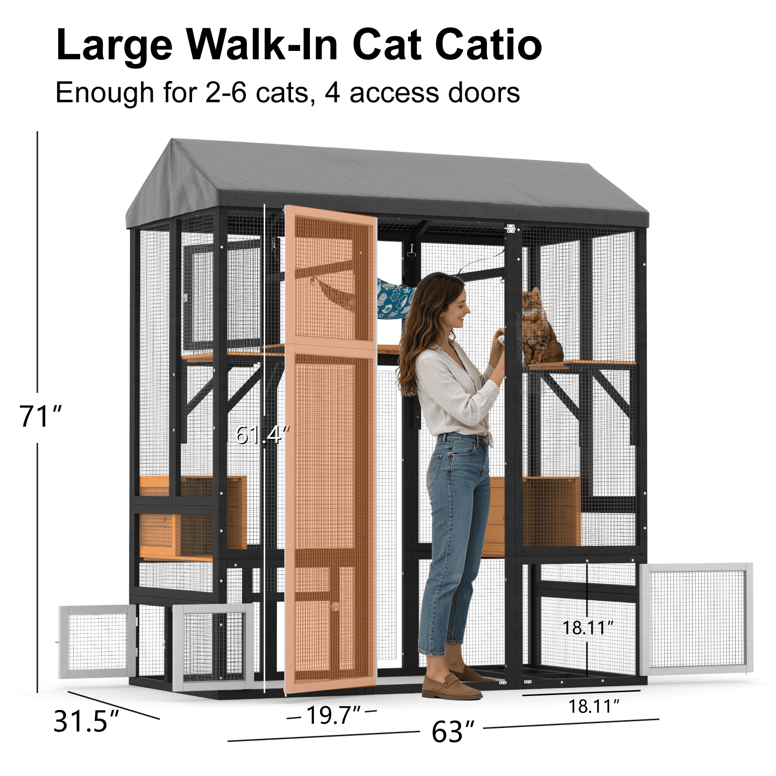 TIMHAKA 71'' Catio Outdoor Cat Enclosure, Large Cat Catio with Window Access, Hammock, 7 Platforms and 2 Resting Box, Black