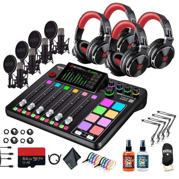 RODE RODECaster Pro II + 4x Écouteurs de Studio + 4x RODE NT1 5e Gén. Microphone de Balado + Carte Mémoire Micro SD 64 Go + 4 x Bras de Micro + Attaches-Câbles + Vaporisateur Désinfectant + Plus (Ensemble)
