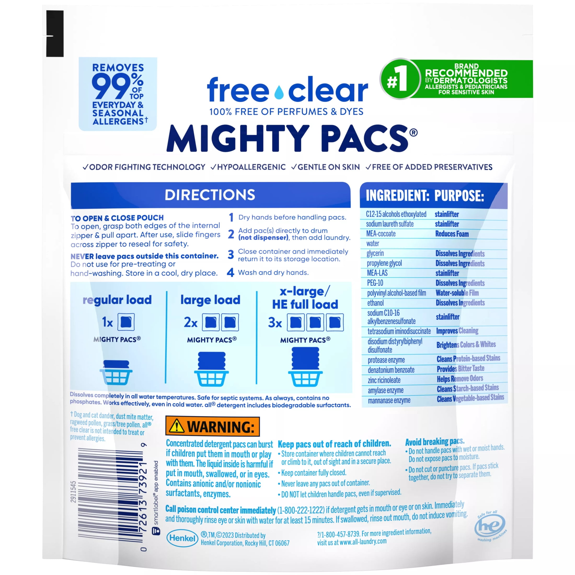 all Mighty Pacs Laundry Detergent, Free Clear Odor Relief, Pouch, 16 Count