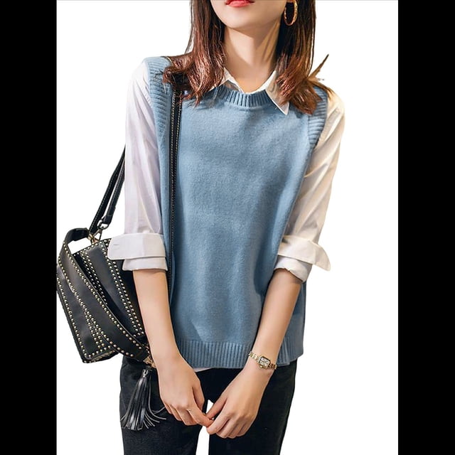 Suéter Sin Mangas de Cuello Redondo para Mujer, Jersey de Punto Acanalado, Chaleco Azul L