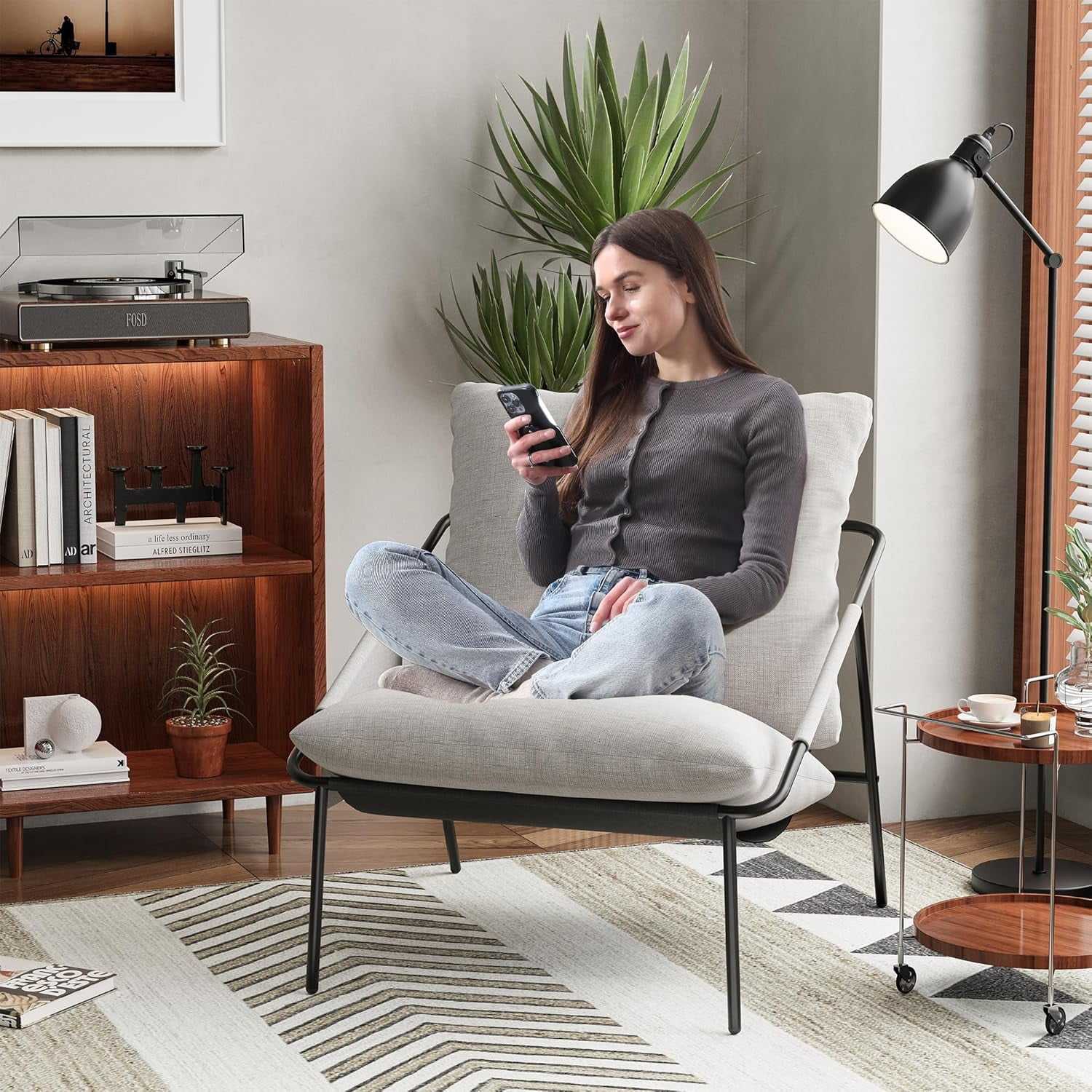 Techmilly Grey Sling Accent Chairs Set of 2, Modern Accent Chairs Reading Chairs for Living Room, Black Metal Armchair with Comfortable Cushion for Reading Room Office, Light Grey Linen