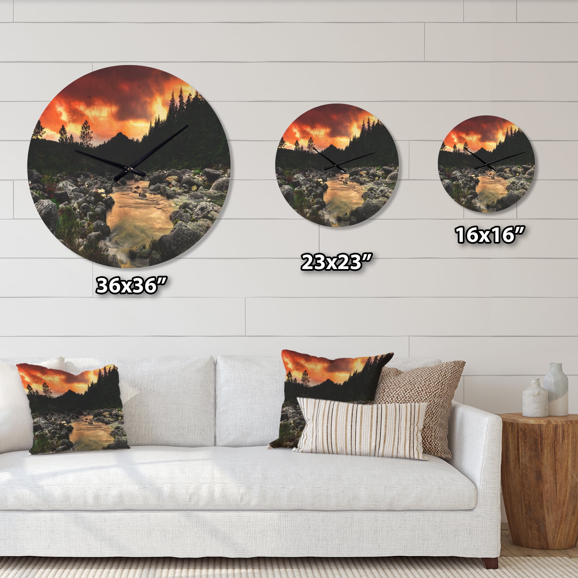Designart 'Rocky Mountain River at Sunset Light' Modern Wood Wall Clock