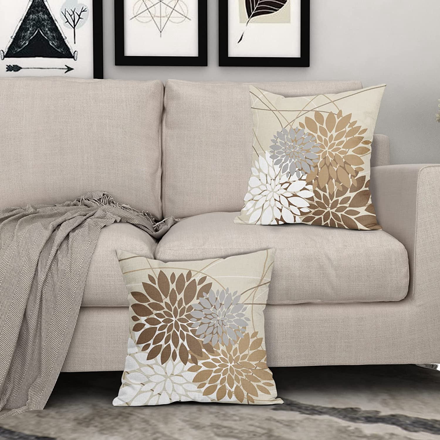 Brown Gray Grey Pillow Covers 16x16 Inch Dahlia Flower Decorative Throw Pillows Modern Geometry Floral Outdoor Farmhouse Pillowcase Linen Square Cushion Case Decor for Home Sofa Couch Bed, Set of 2