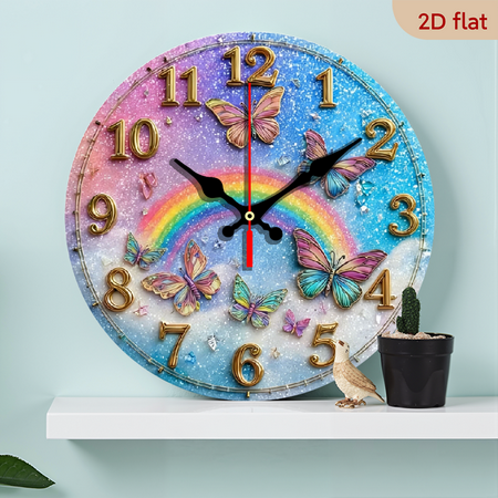 A 10-inch 2D flat Rainbow Galaxy Butterfly themed wooden silent wall clock is an excellent choice for decorating the interior walls and an ideal gift for various festivals.