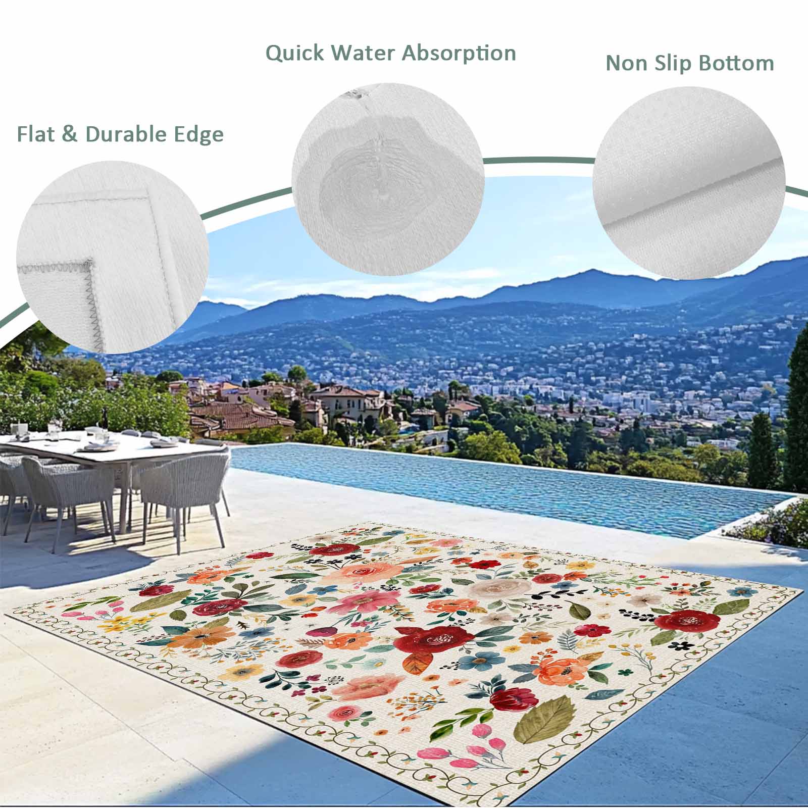 Watercolor Flowers Outdoor Rug for Patio/Deck/Porch, Non-Slip Large Area Rug 6 x 9 Ft, Rustic Spring Floral Botanical Beige Indoor Outdoor Rugs Washable Area Rugs, Camping Rug Carpet Runner