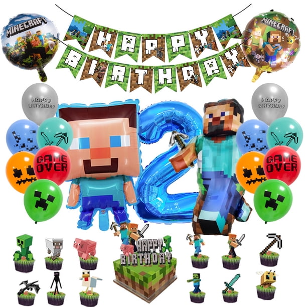 Globos de Minecraft para cumpleaños, decoración de cumpleaños con temática de videojuegos para niños y niñas de 2 años. Incluye pancarta de feliz cumpleaños, globos, mantel y decoración para fiestas.