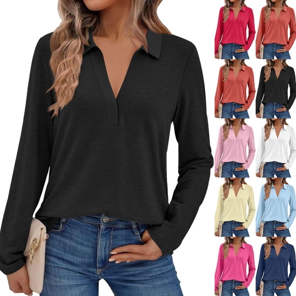 Women's Fashion Athleisure Solid-Color Long-Sleeve Stand-Collar Polo Shirt Top, Comfortable & Skin-Friendly & Breathable, Gifts for Women
