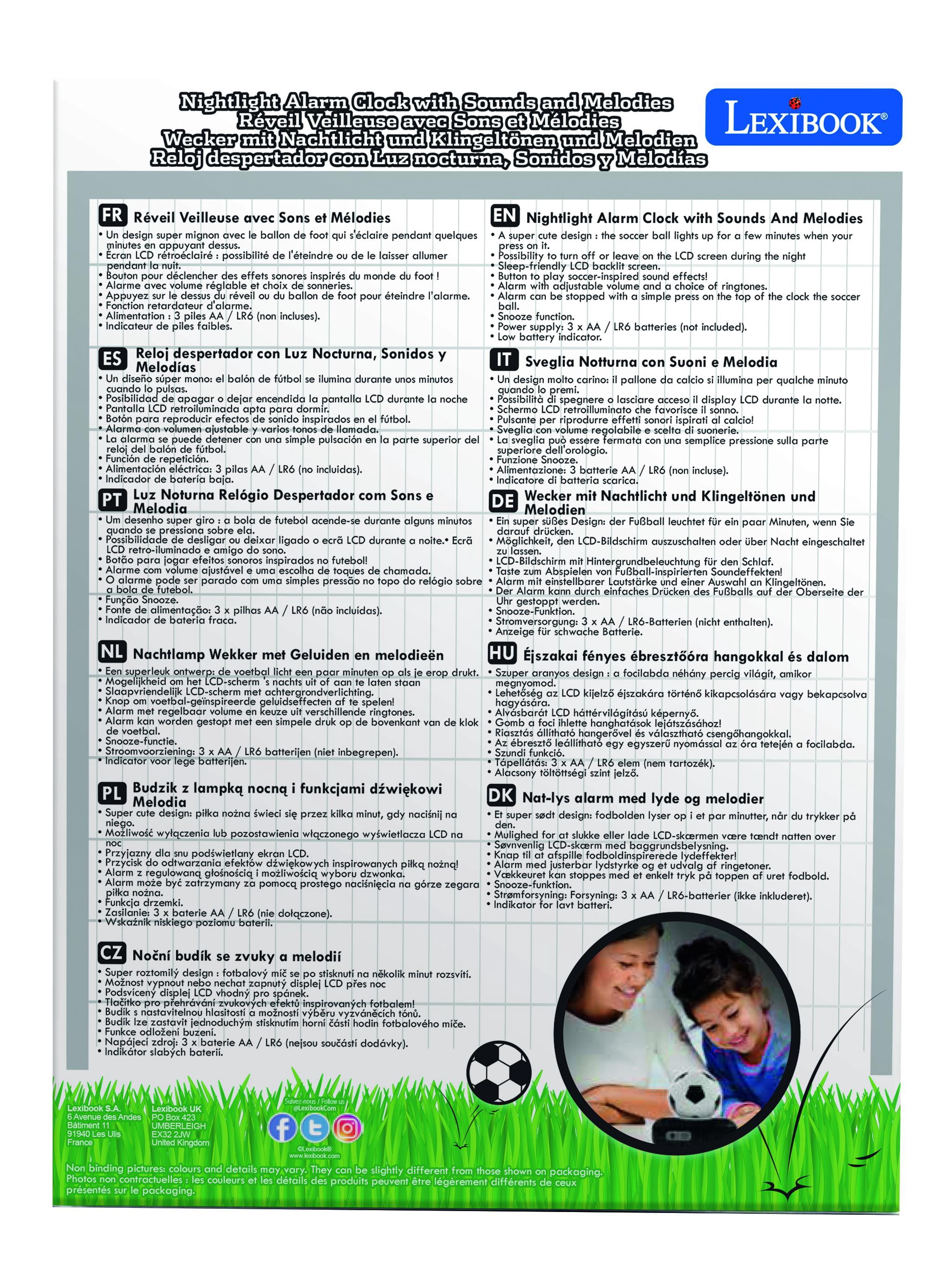Lexibook - Soccer Ball Digital Alarm Clock with Night Light Snooze, Clock, Luminous Soccer Ball, Black Colour