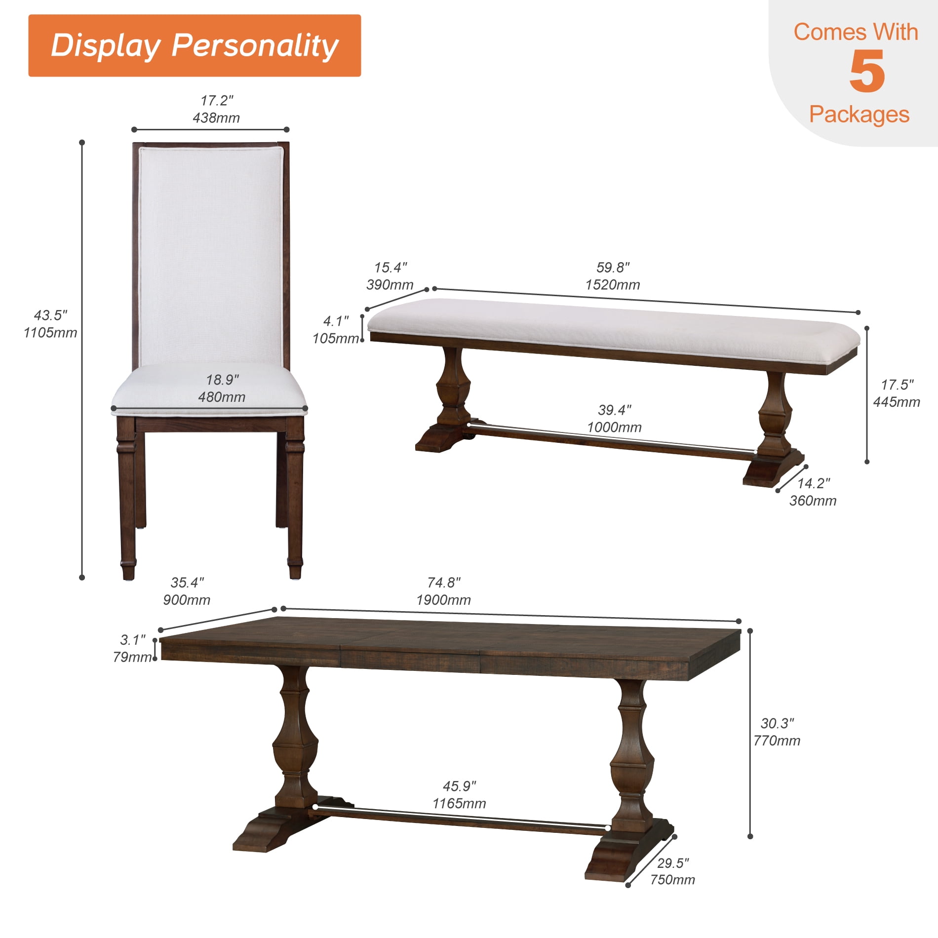 WAMPAT 5-pieces Farmhouse Dinning Table,74.8" Kitchen Table Set with 2 Benches and 2 Chairs for 6-8,Solid Wood Legs and Cushion Seat for Kitchen & Living Room,Rustic Brown