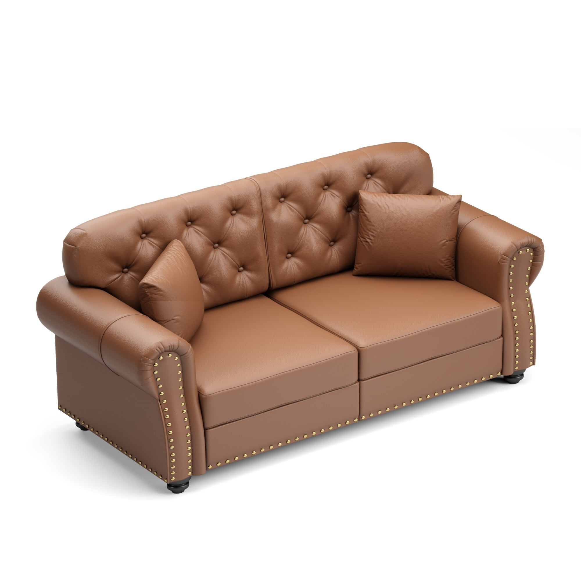 AENKYO 63" Faux Leather Loveseat, Mid-Century Chesterfield 2-Seater Sofa with Tufted Back & Nailhead Trim, Brown