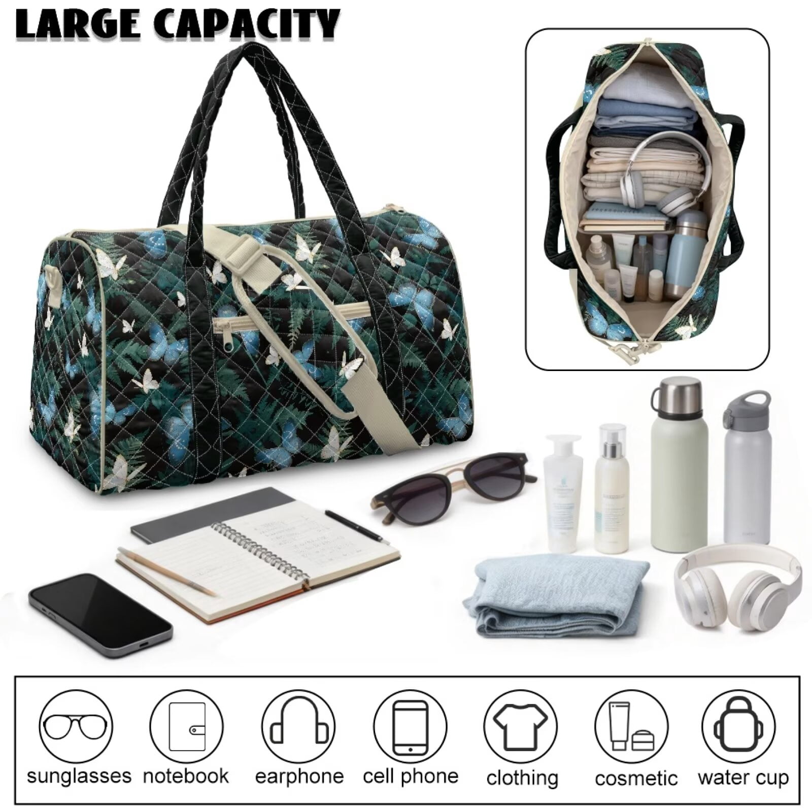 Chririnla Butterfly & Green Fern Pattern Travel Duffle Bags for Women Stylish Gym Bag with Luggage Handle Strap & Multi-Pockets Fits Weekends