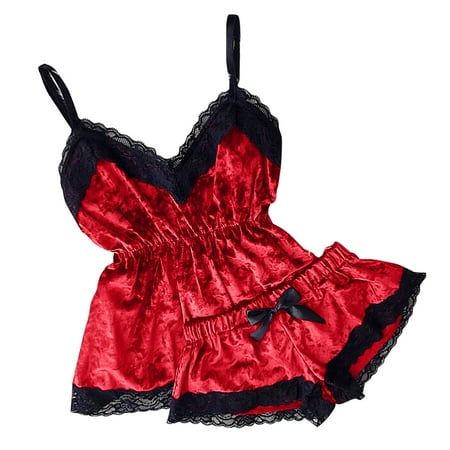 

WOCLEILIY Women V-Neck Eyelash Lace Sexy Stain Camisole Pajamas Bowknot Shorts Set