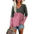 thumbnail image 2 of Odeerbi Shirts for Women 2025 Casual Long Sleeve V-Neck Tops Patchwork Loose Blouse Shirts Pink, 2 of 6