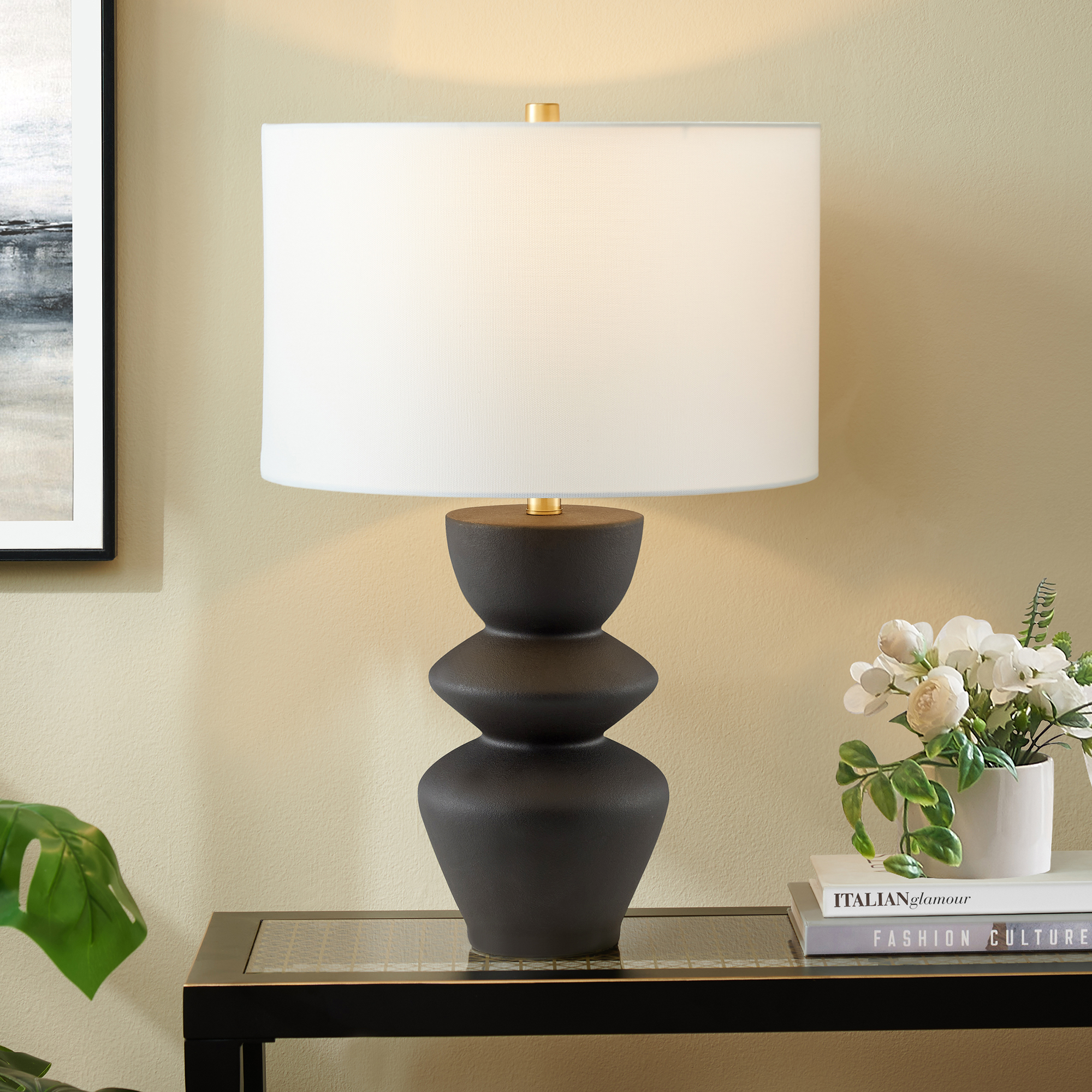 Cassian 25" Tall Table Lamp with Fabric Shade in Matte Black/Brass/White