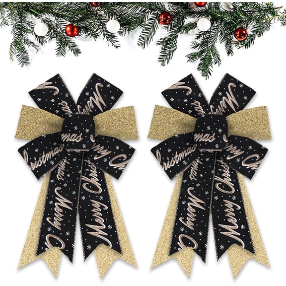 Hsomely 2 Pcs Christmas Wreath Decor, Gold & Black Glitter Snowflake Ornaments, Merry Christmas Tree Topper for Front Door Indoor Outdoor Decor
