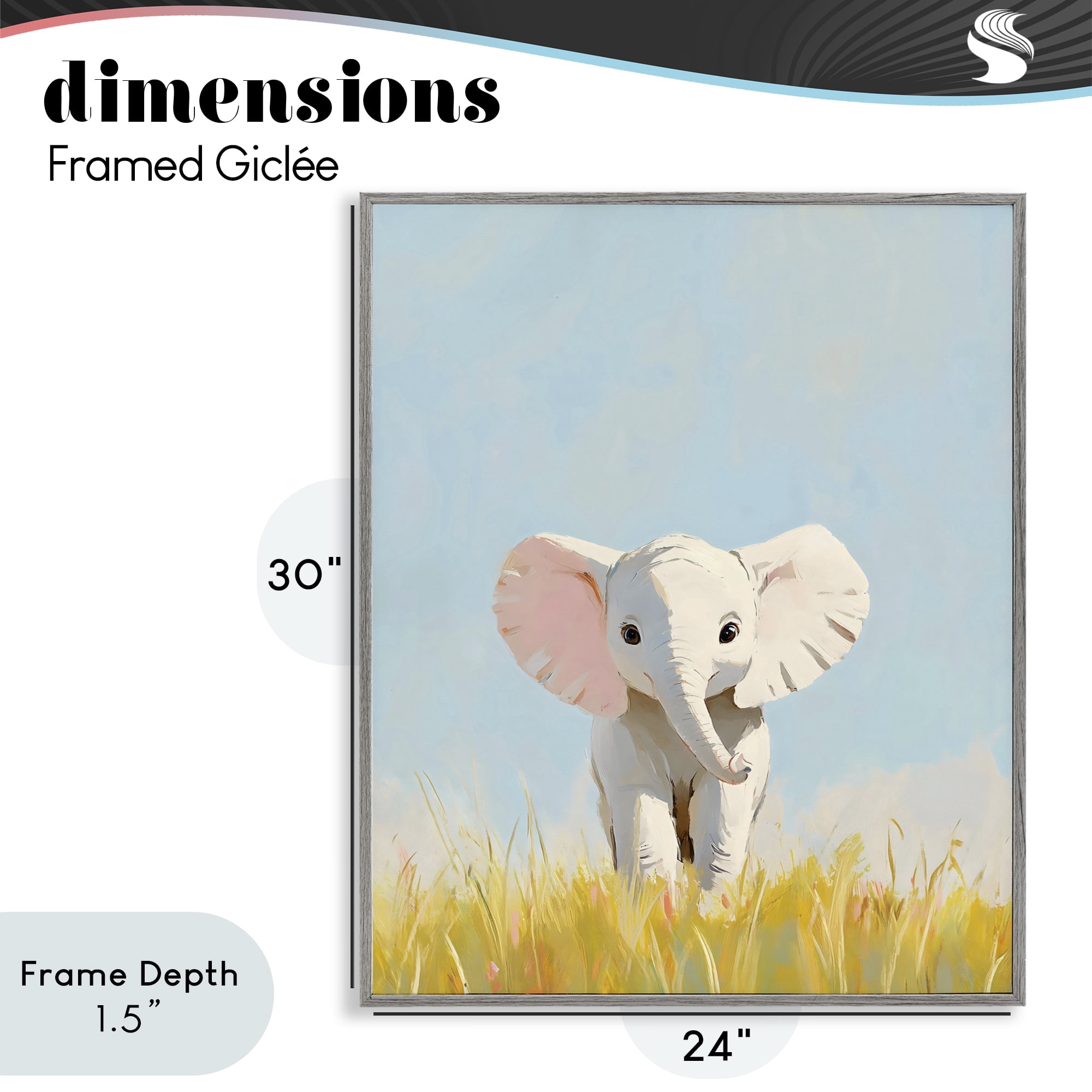 Stupell Industries White Baby Elephant in Grass Gray Framed Giclee Art, design by The Prints Vibe