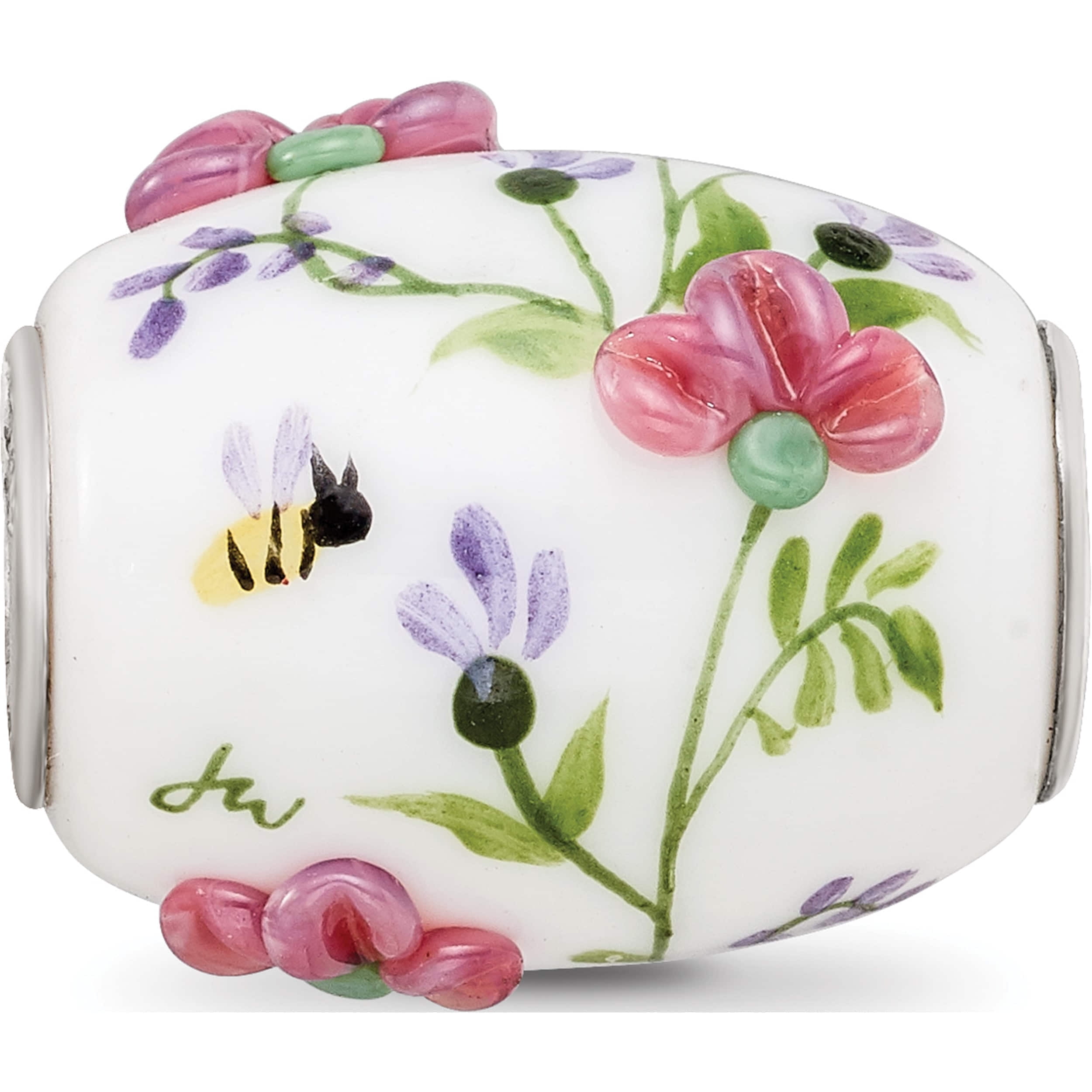 Sterling Silver White Hand Painted Floral Fenton Glass Bead Made In United States qrs3651