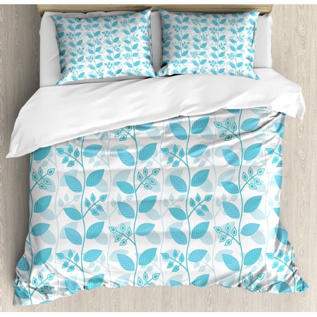 Spring Ski (Leaves Duvet Cover Set, Abstract Floral Pattern Botanical Inspirations Ornamental Gentle Spring Plants, Decorative Bedding Set with Pillow Shams, Sky Blue White, by)