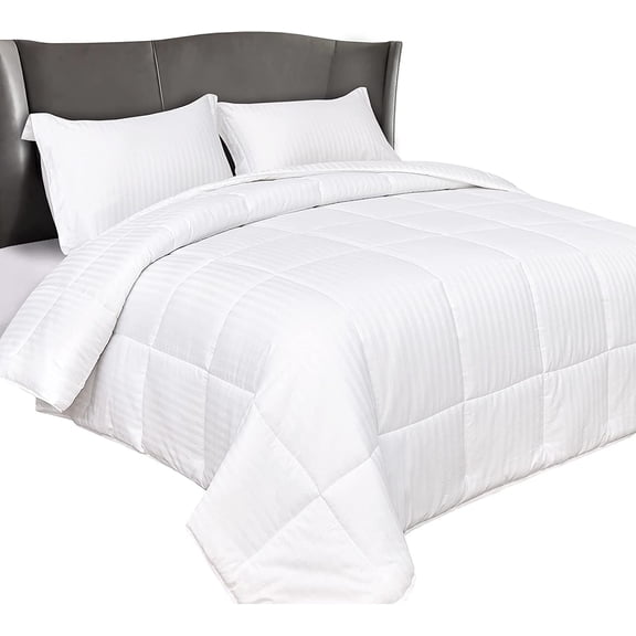 Elegant Comfort Egyptian Cotton 3-Piece Stripe Comforter Set, Down Alternative, Box Stitched, Duvet Insert with 4 Corner Tabs, Twin, White