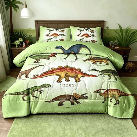 BlessLiving Kids Comforter Set, 3-Piece Green Dinosaur Bedding Sets for Boys, Full Size