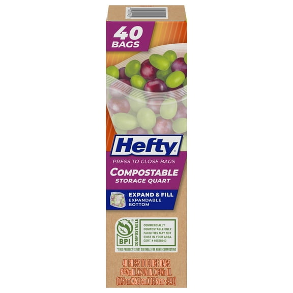 Hefty Press to Close Compostable Quart Storage Bags, 40 Count