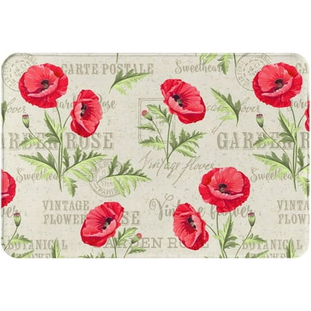 

Bath Rugs Red Blooming Poppy Flowers Door Mat Outdoor Wildflowers Green Leaves Vintage Background Design Doormat Non Slip Absorbent Bathroom Rug Carpet for Home Entrance Kitchen 24x16 Inch