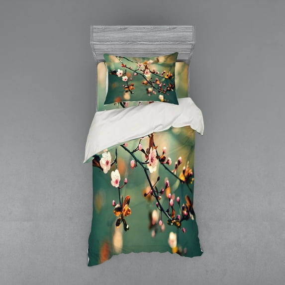 Ambesonne Japanese Bedding Set 3 Pcs, Pink Cherry Sakuras, Twin XL, Forest Green Pale Pink