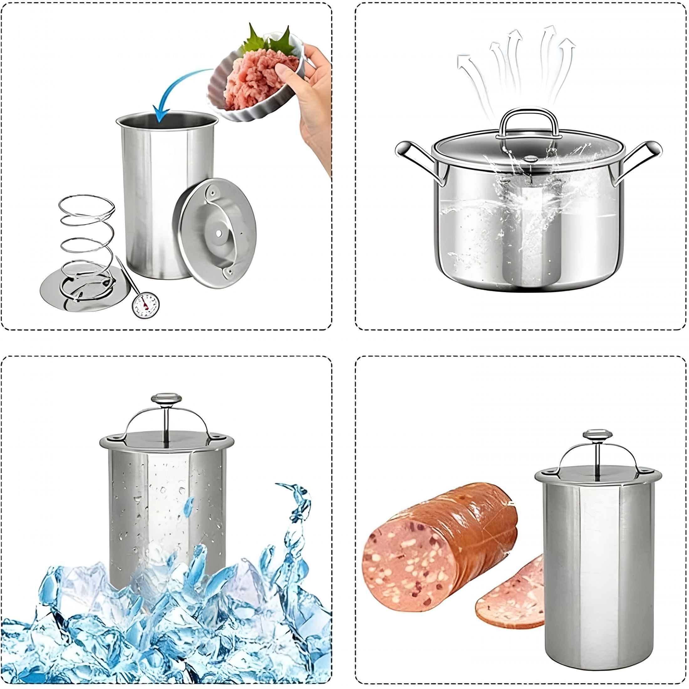 ACDANC Stainless Steel Deli Meat Press with Thermometer & Spring Mechanism, Homemade Ham Maker Lunch Meat Press for Healthy Home Cooking and Sandwiches