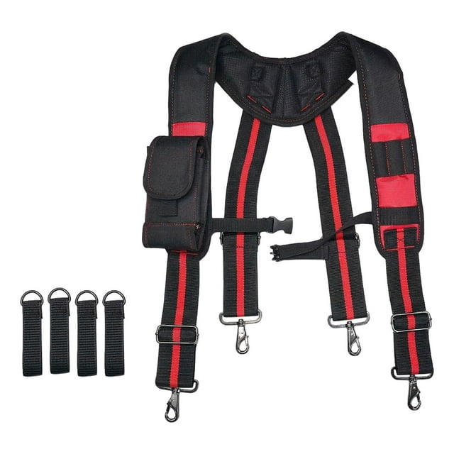 Almencla Sangle d'Outils à 4 Points, Harnais de Ceinture d'Outils pour Charpentier, Fermier, Réparateurs, Noir et Rouge