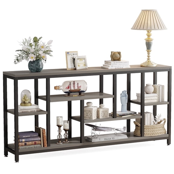 Fnova 70.9" Extra Long Industrial Console Table, 3-Tier Narrow Entryway Table with Storage Shelves, Sturdy Sofa Table for Living Room, Hallway
