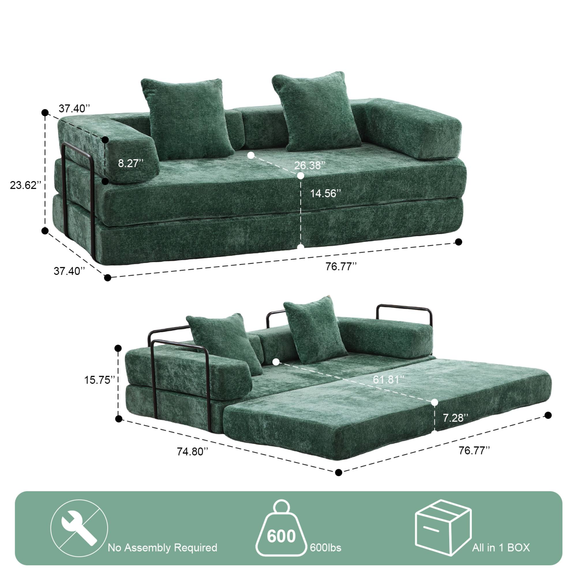Convertible Sleeper Sofa Bed with Pillow, Corduroy Folding Mattress Floor Sofa Lounge Couch for Living Room, Bedroom, Dark Green