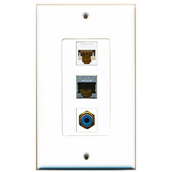 RiteAV - 1 Port RCA Blue and 1 Port Shielded Cat6 Ethernet and 1 Port Cat6 Ethernet White Decorative Wall Plate Decorative