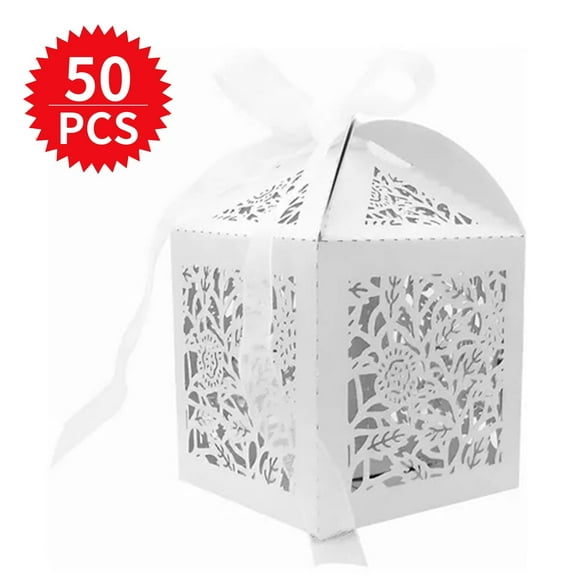 50Pcs Roses Hollow Out Favor Boxes, 2 * 2 * 3.15 Inch Wedding Favors Candy Boxes with Ribbons, Small Gift Boxes for Birthday Party, Baby Shower, Bridal Shower, White