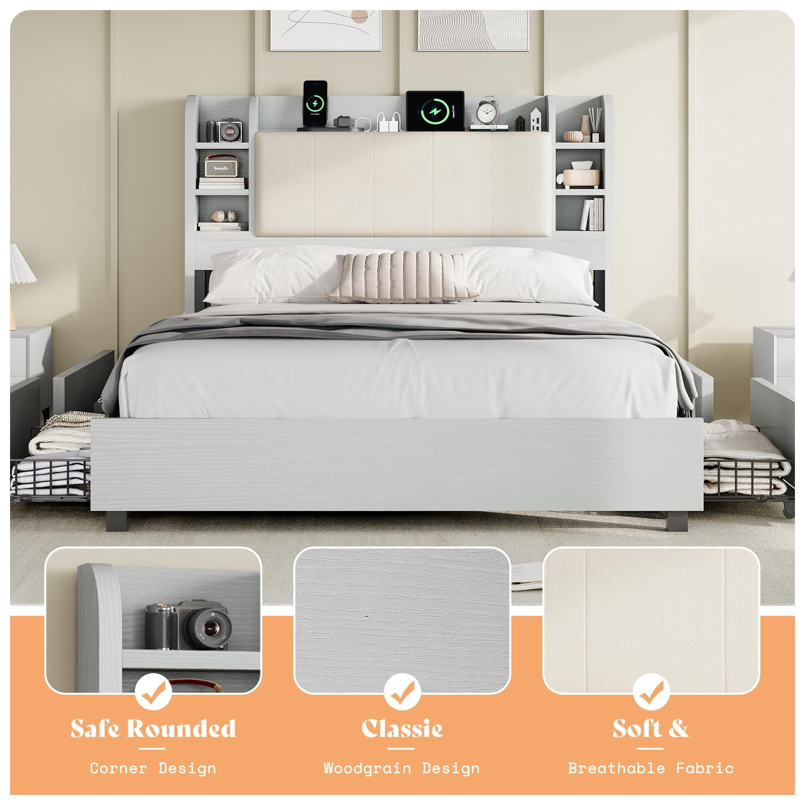 Amerlife Queen Size Bed Frame with Drawers,Upholstered Bookcase Headboard and Charging Station,Gray