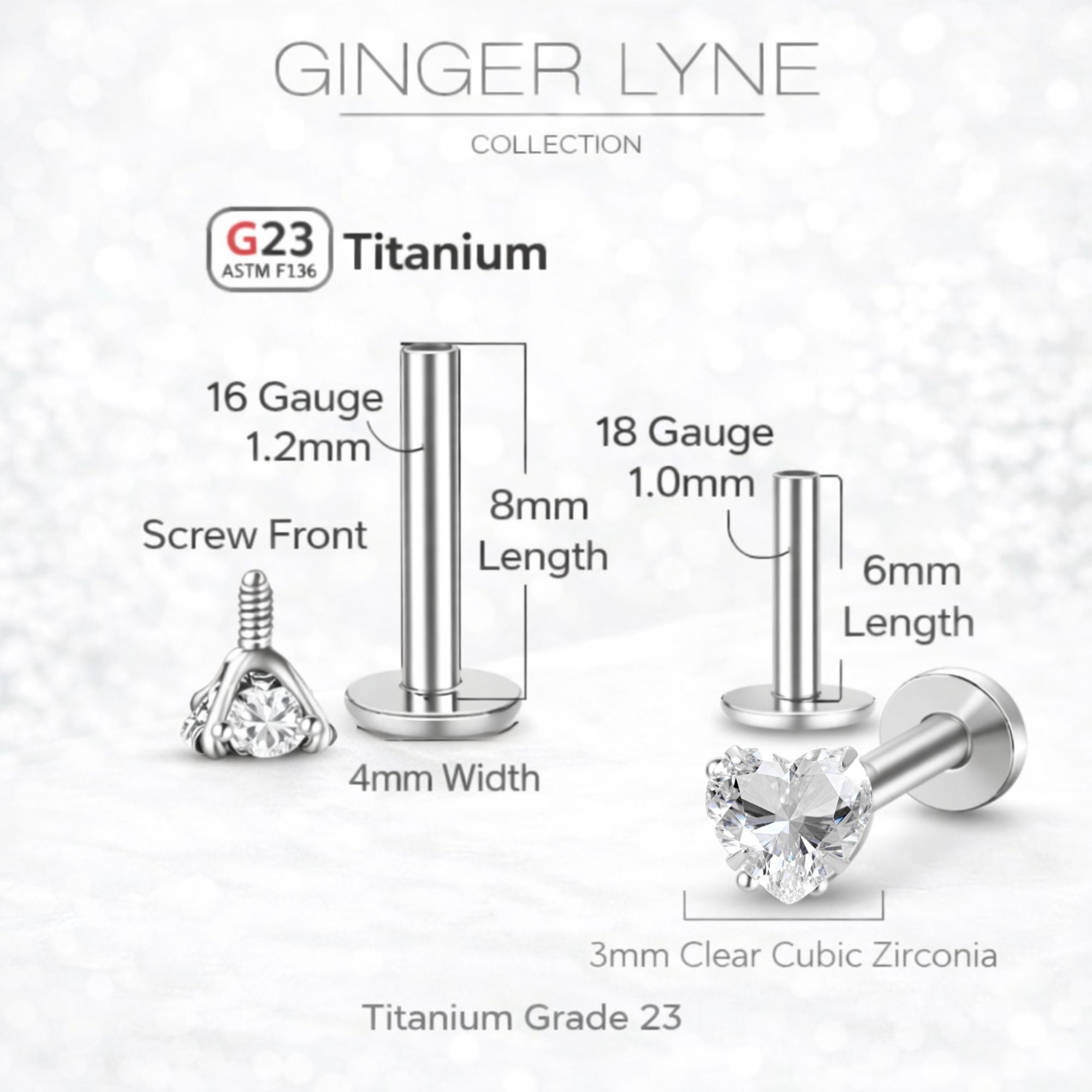 Small Heart CZ Solitaire Flat Back Stud Earrings Titanium Body Piercings by Ginger Lyne 2 Sets Post 6mm 8mm