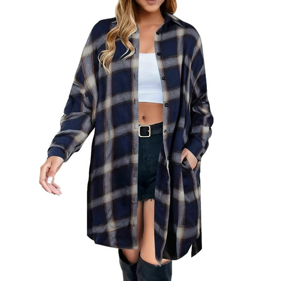 Womens Long Length T-Shirts, Long Sleeve Shirts for Women Business Casual Plaid Printed Lapel Button Down Dressy Blouses Fall Clothes