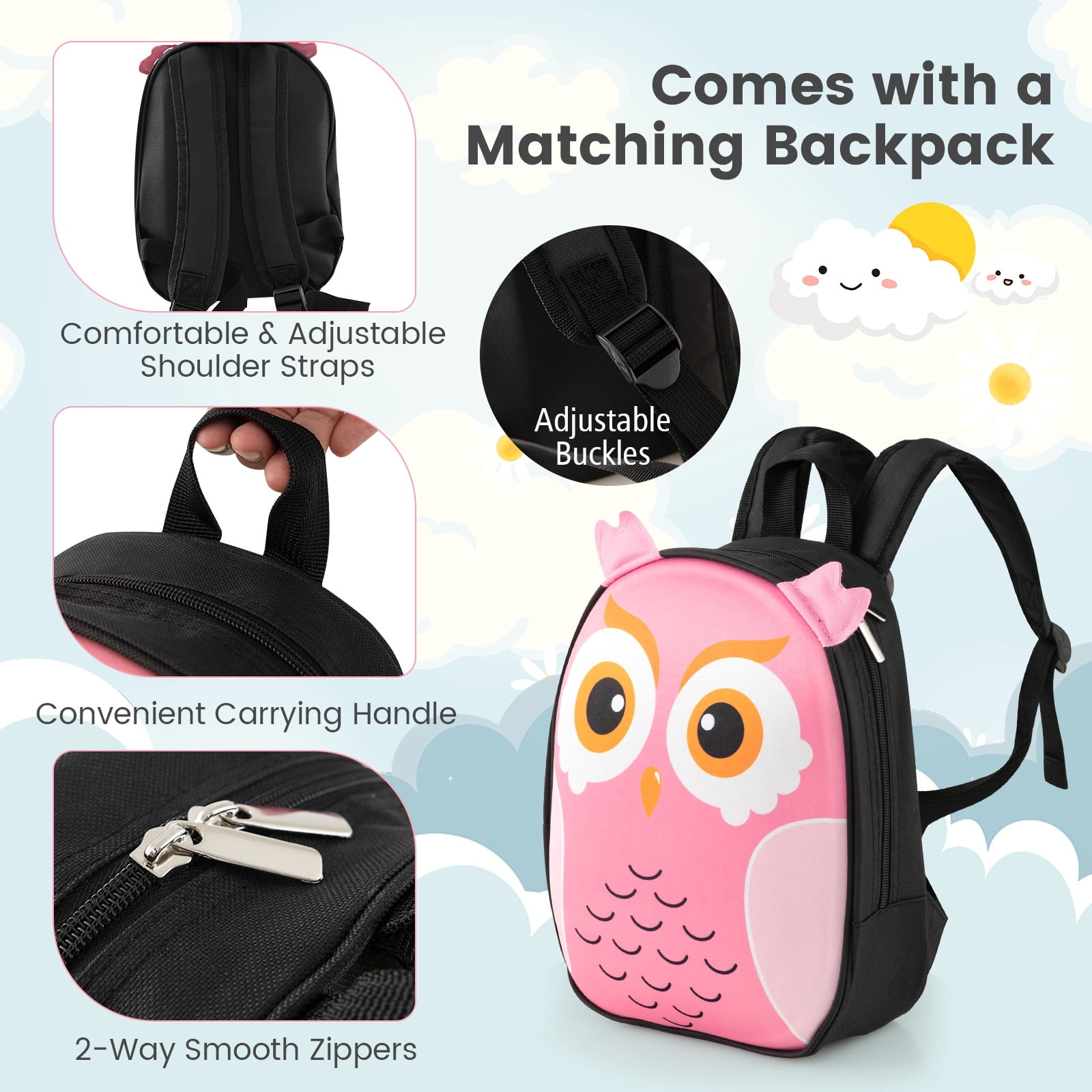 Infans 2PCS Kids Carry On Luggage Set 16" Owl Rolling Suitcase w/ 12" Backpack Travel