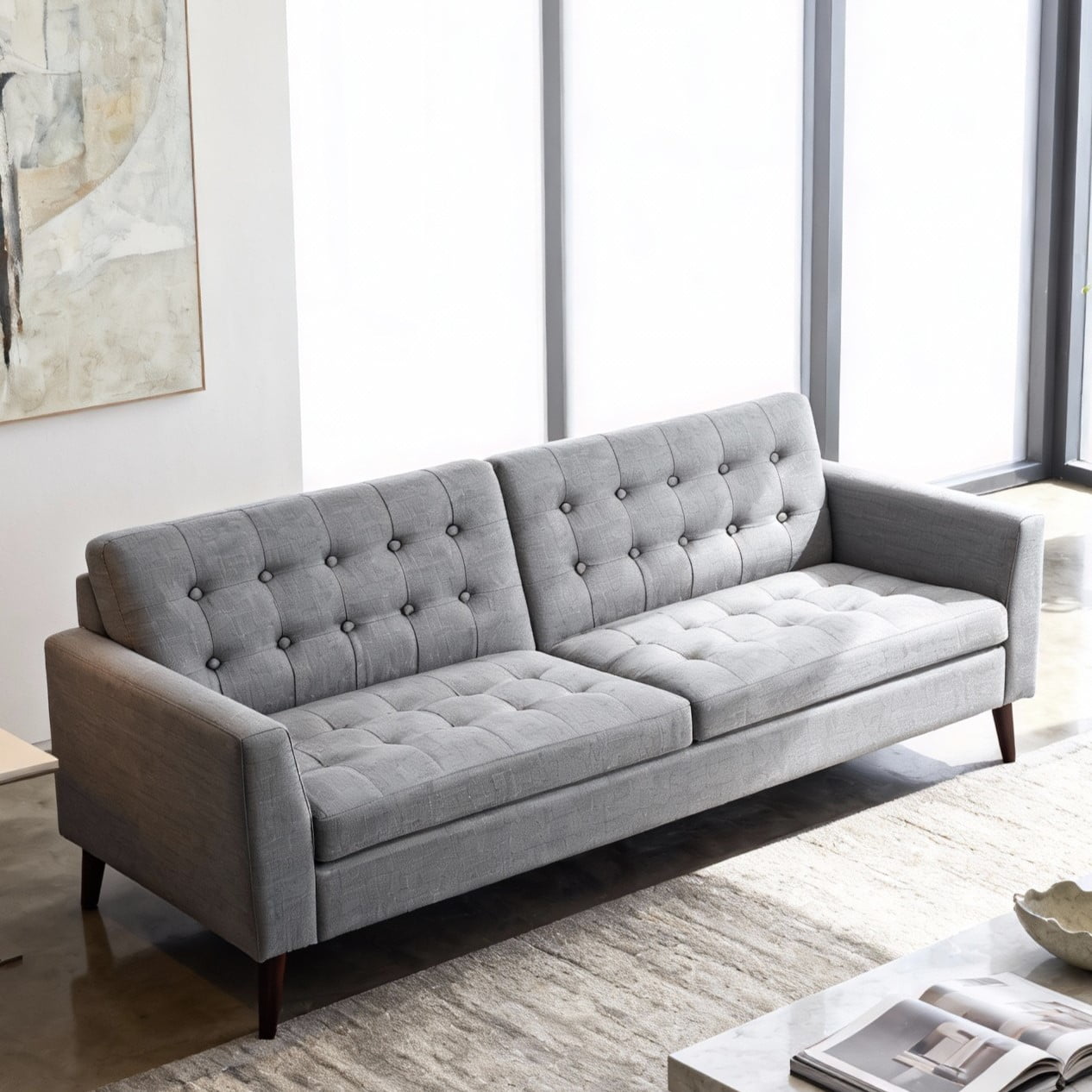 Gewnee Grey 68-Inch Linen Loveseat Sofa - 2-Seater Upholstered Couch with Solid Rubberwood Legs, 100% Linen Fabric & Button-Tufted Backrest for Living Room/Bedroom