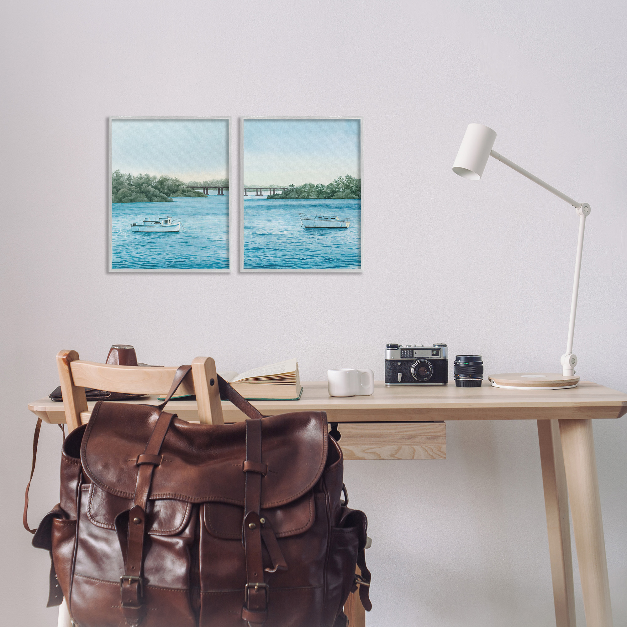 Stupell Industries Serene Summer Boats Landscape Painting Gray Framed Art Print Wall Art, 11 x 14, Set of 2