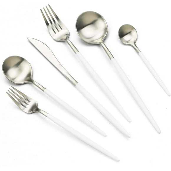 JASHII 18/10 White Handle Flatware Silver Silverware Set 304 Stainless Steel Flatware Cutlery Set| 6-Piece Adaline Royal Modern Satin Finish| BEST Birthday Wedding Gift (White Handle Matte Silver)